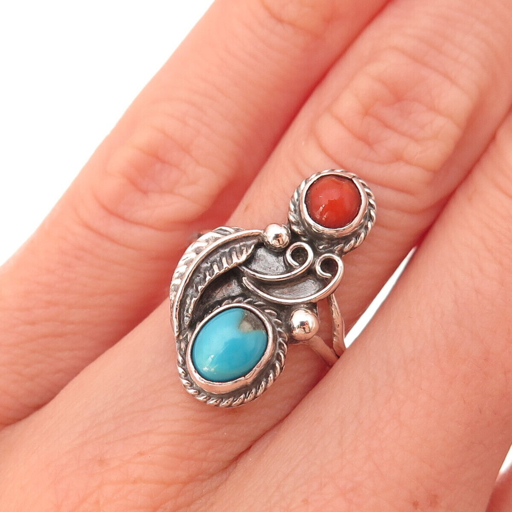 Old Pawn 925 Sterling Silver Vintage Turquoise & Coral Feather Ring Size 5.25